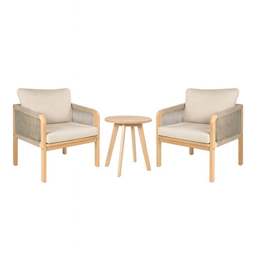 Aveiro 3-Piece Modern Bohemian Roped Corner Acacia Wood Conversation Outdoor Patio Set with Cushions